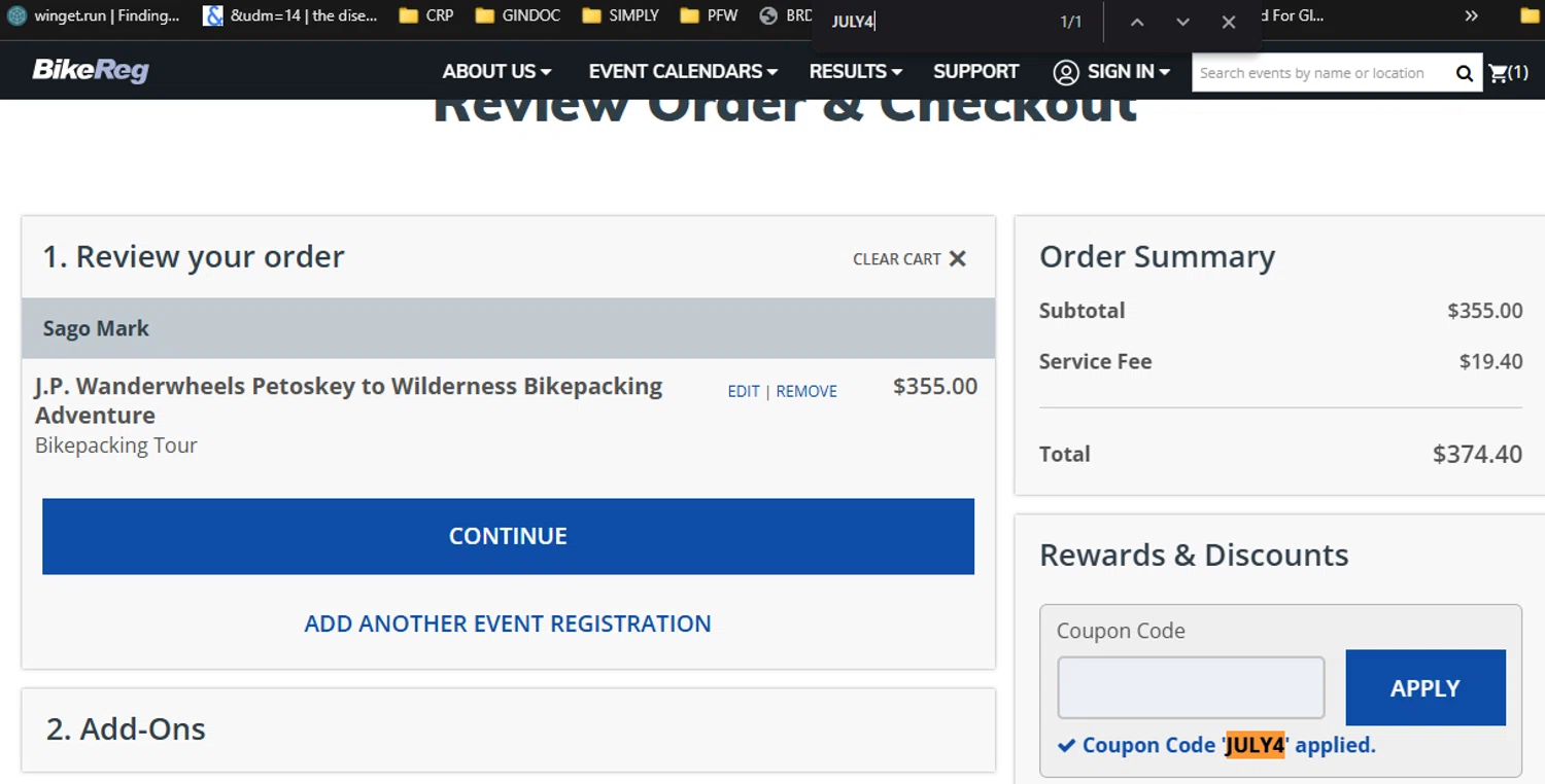 BikeReg.com coupon code screenshot showing code JULY4 applied at BikeReg.com checkout page. Uploaded by SimplyCodes community member RickhiK on Jul 7, 2025
