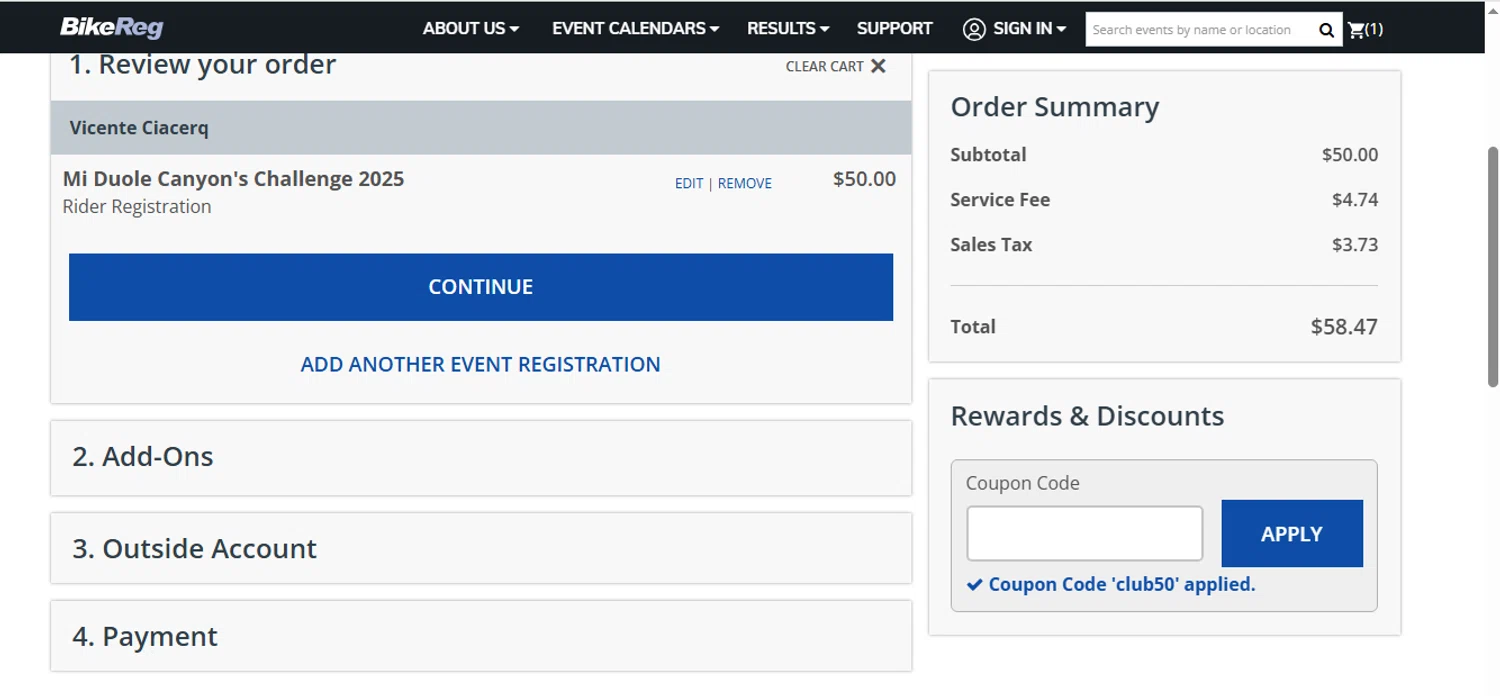 BikeReg.com coupon code screenshot showing code club50 applied at BikeReg.com checkout page. Uploaded by SimplyCodes community member shark12 on Jul 30, 2025