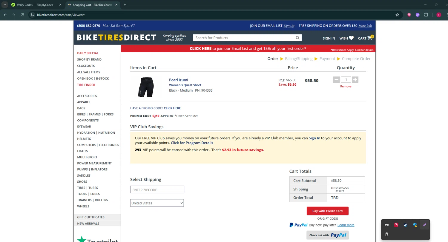 Bike Tires Direct promo code screenshot showing code GJ10 applied at Bike Tires Direct checkout page. Uploaded by SimplyCodes community member ExtraordinaryVirtuoso281 on Jul 18, 2025