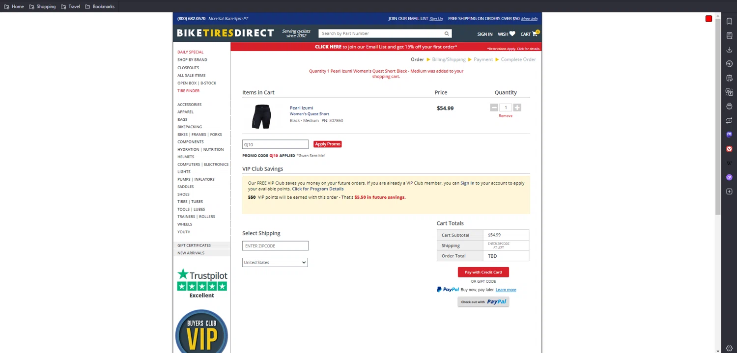 Bike Tires Direct promo code screenshot showing code GJ10 applied at Bike Tires Direct checkout page. Uploaded by SimplyCodes community member kaiser2 on May 8, 2025