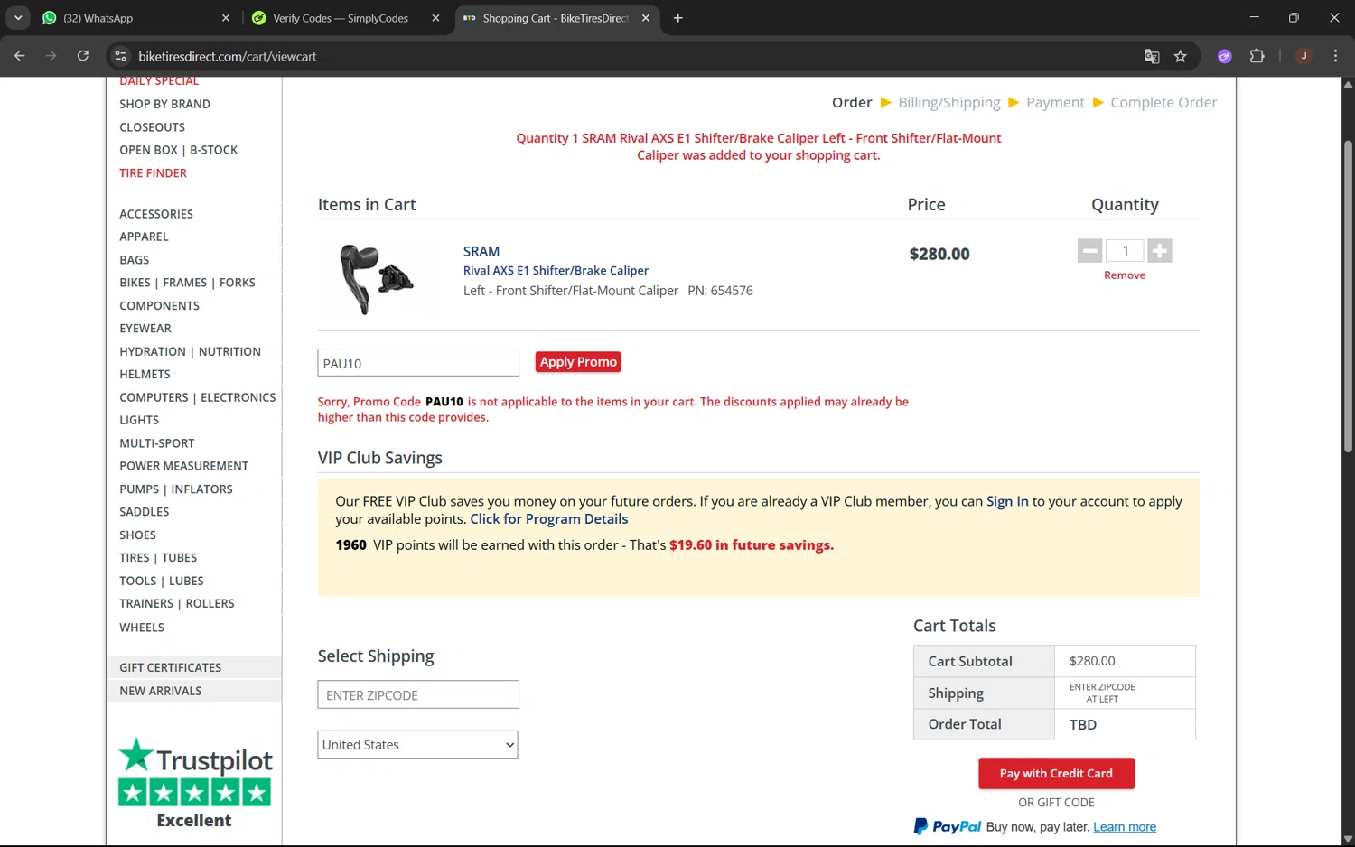 Bike Tires Direct promo code screenshot showing code PAU10 applied at Bike Tires Direct checkout page. Uploaded by SimplyCodes community member juanx1702 on Jul 5, 2025