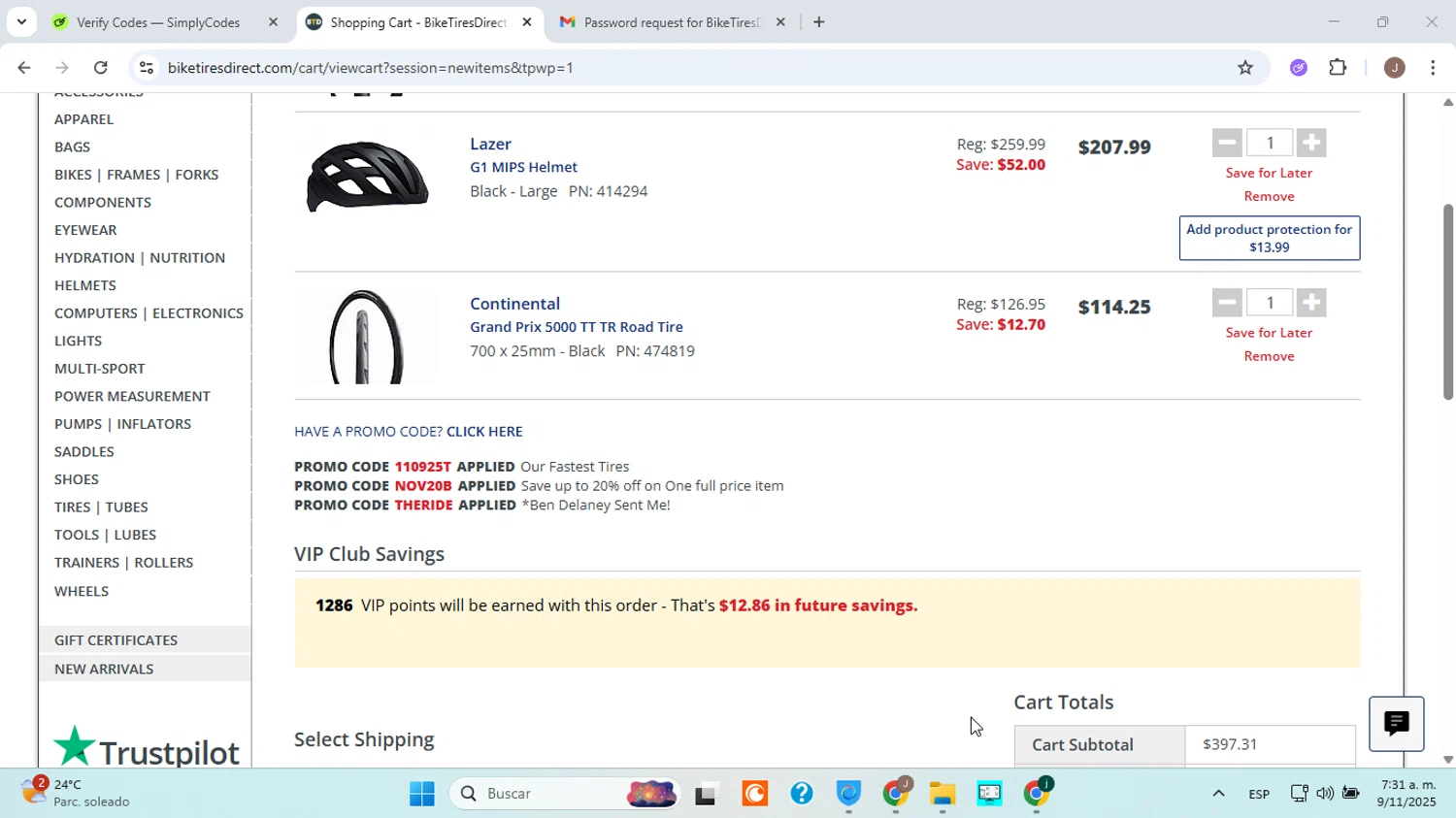 Bike Tires Direct promo code screenshot showing code THERIDE applied at Bike Tires Direct checkout page. Uploaded by SimplyCodes community member ABHF23 on Nov 9, 2025