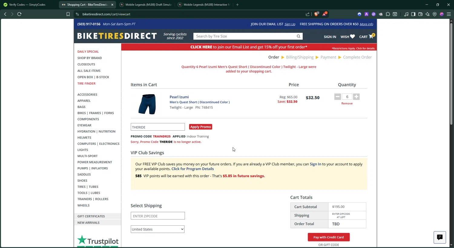 Bike Tires Direct promo code screenshot showing code THERIDE applied at Bike Tires Direct checkout page. Uploaded by SimplyCodes community member BonusShopper4099 on Jan 6, 2026