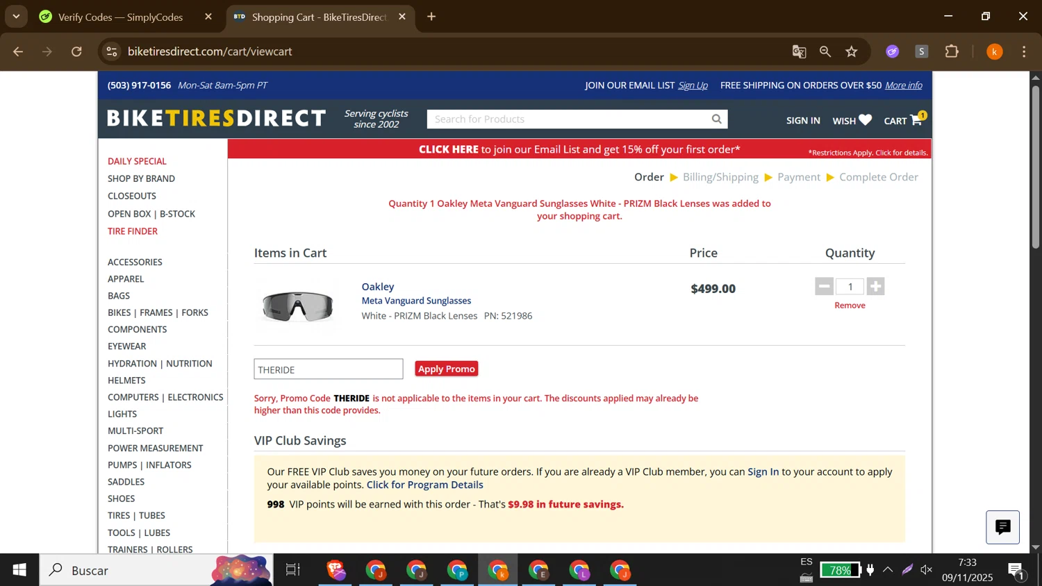 Bike Tires Direct promo code screenshot showing code THERIDE applied at Bike Tires Direct checkout page. Uploaded by SimplyCodes community member MoneyShopper1883 on Nov 9, 2025