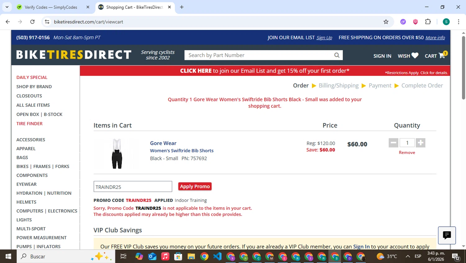 Bike Tires Direct promo code screenshot showing code TRAINDR25 applied at Bike Tires Direct checkout page. Uploaded by SimplyCodes community member VictoriousPilot5281 on Jan 6, 2026