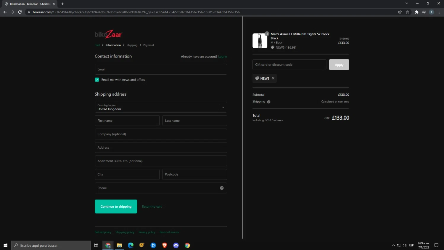 BikeZaar checkout page showing BikeZaar discount code box | Screenshot taken by SimplyCodes community member on Jan 7, 2022