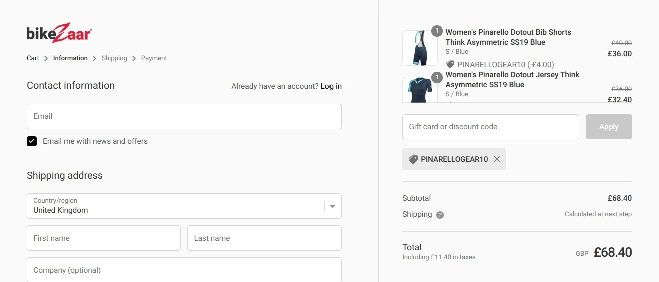 BikeZaar checkout page showing BikeZaar discount code box | Screenshot taken by SimplyCodes community member on Feb 12, 2022