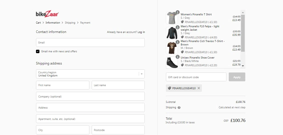 BikeZaar checkout page showing BikeZaar discount code box | Screenshot taken by SimplyCodes community member on Mar 15, 2022
