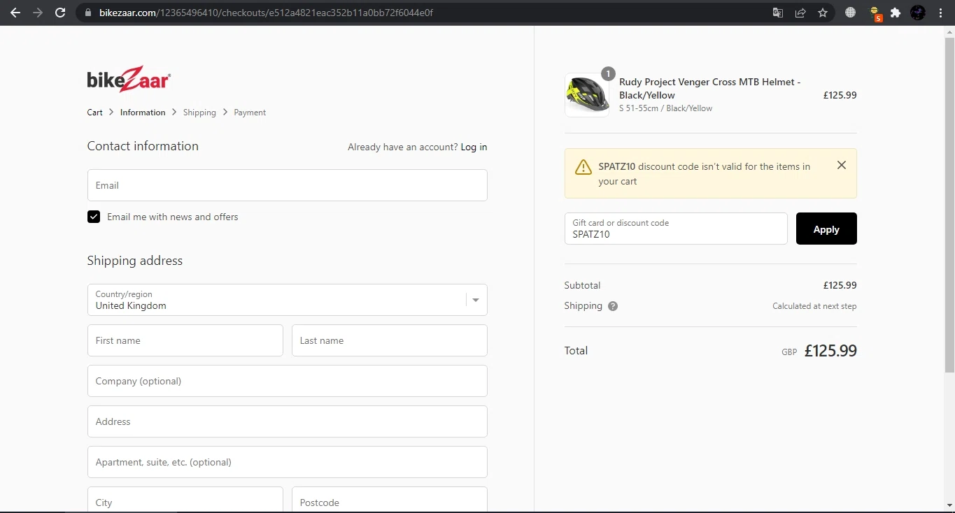 BikeZaar checkout page showing BikeZaar discount code box | Screenshot taken by SimplyCodes community member on Feb 11, 2022