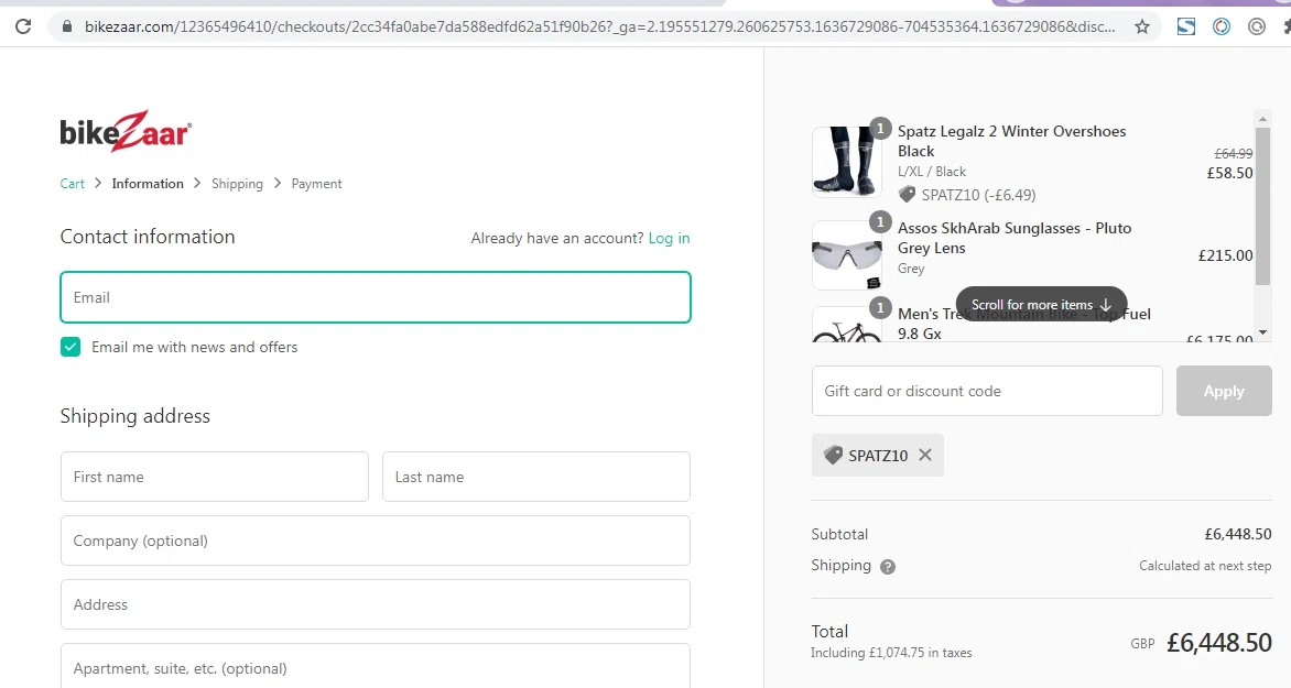 BikeZaar checkout page showing BikeZaar discount code box | Screenshot taken by SimplyCodes community member on Nov 12, 2021