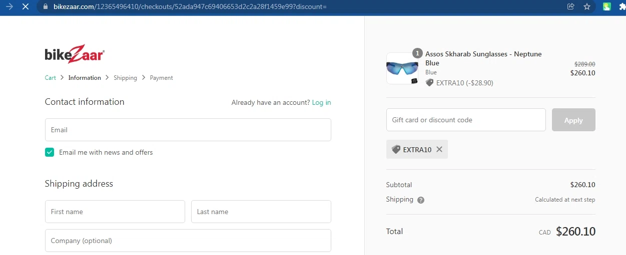 BikeZaar checkout page showing BikeZaar discount code box | Screenshot taken by SimplyCodes community member on Nov 24, 2021