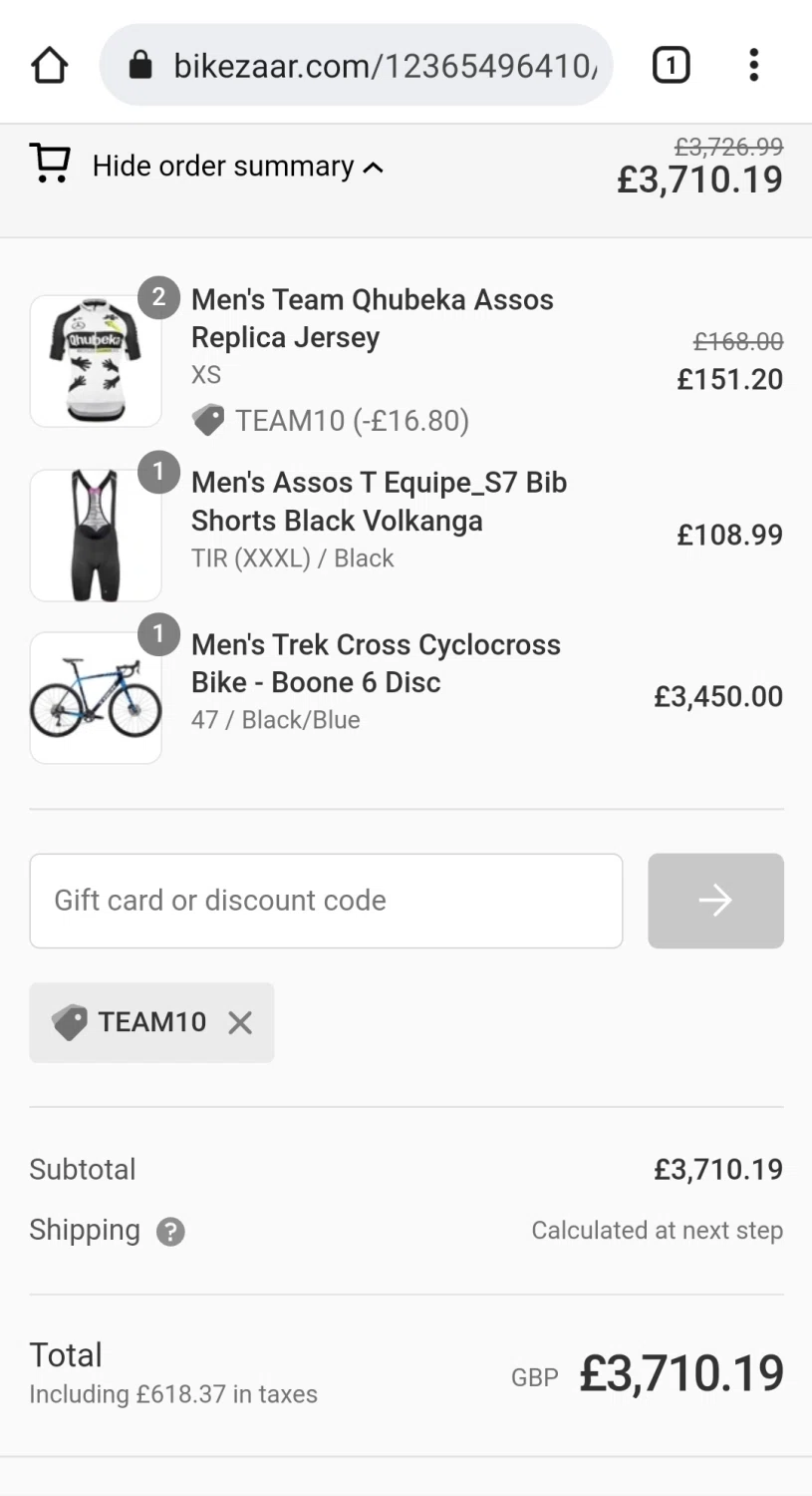 BikeZaar checkout page showing BikeZaar discount code box | Screenshot taken by SimplyCodes community member on Jan 25, 2022