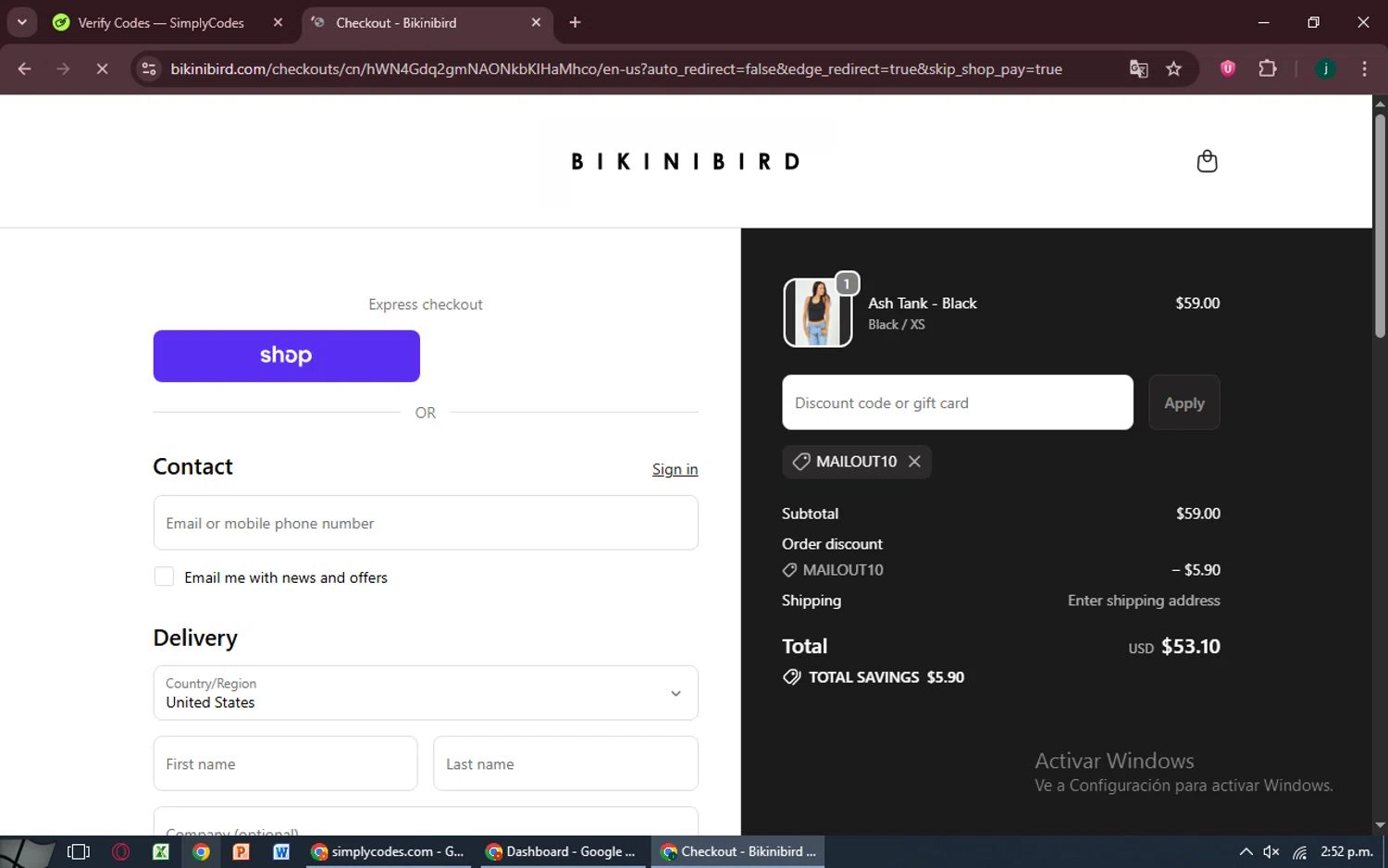 BikiniBird promo code screenshot showing code MAILOUT10 applied at BikiniBird checkout page. Uploaded by SimplyCodes community member MoneySpotter5416 on Oct 18, 2025