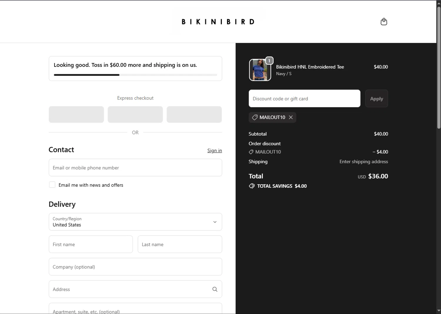BikiniBird checkout page showing BikiniBird promo code box | Screenshot taken by SimplyCodes community member on Jan 27, 2026