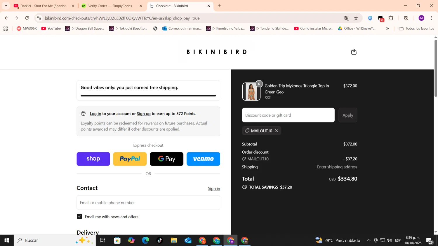 BikiniBird promo code screenshot showing code MAILOUT10 applied at BikiniBird checkout page. Uploaded by SimplyCodes community member cod_gakpo on Oct 10, 2025