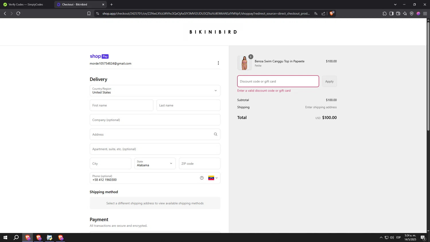 BikiniBird promo code screenshot showing code BONDEYE25 applied at BikiniBird checkout page. Uploaded by SimplyCodes community member kkkkkkkkkkkkkkkkkkkk on May 14, 2025