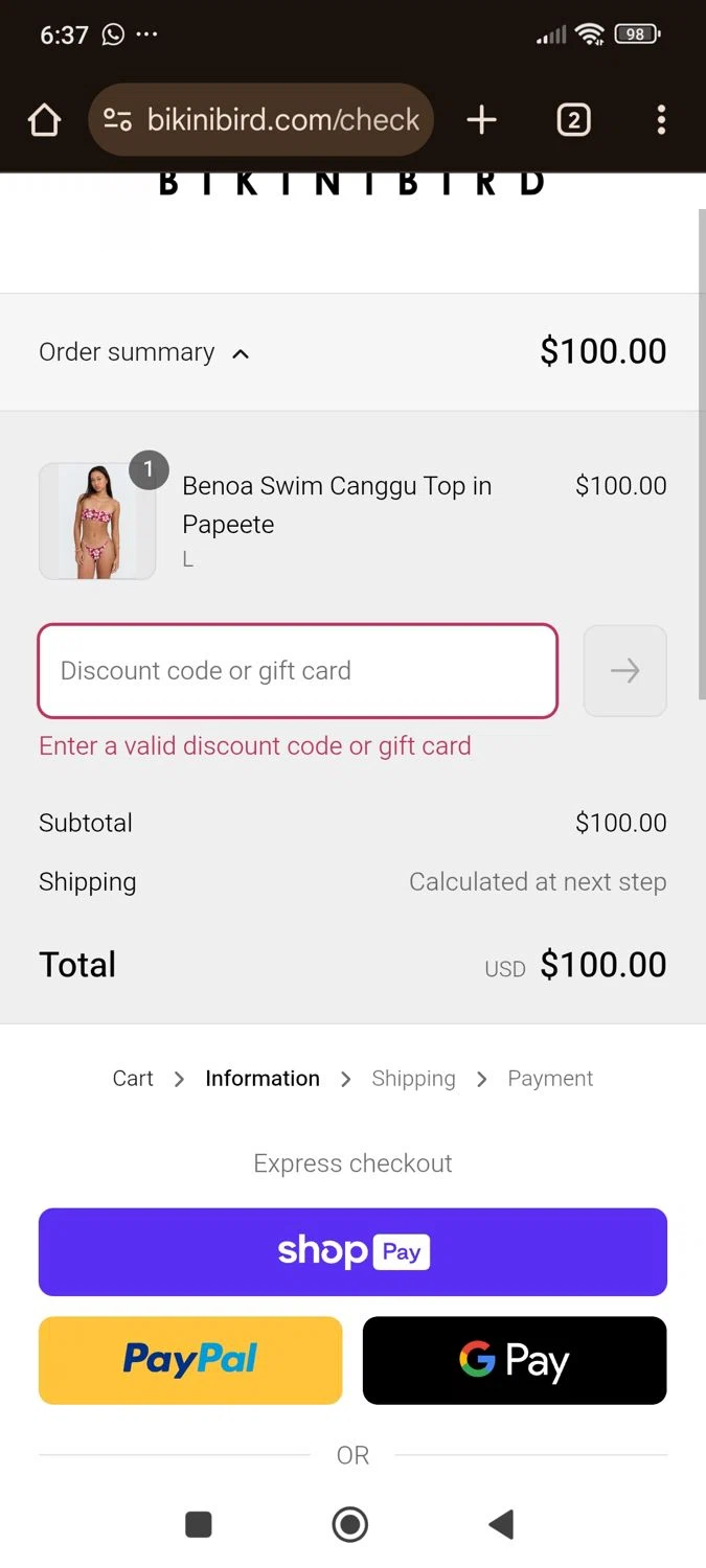 BikiniBird promo code screenshot showing code GALENTINES20 applied at BikiniBird checkout page. Uploaded by SimplyCodes community member Firmino on May 14, 2025