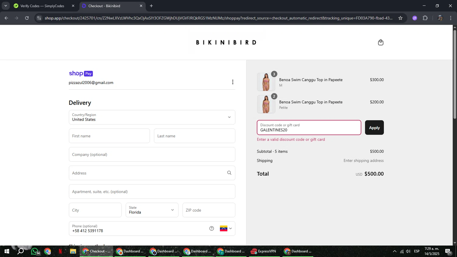 BikiniBird promo code screenshot showing code GALENTINES20 applied at BikiniBird checkout page. Uploaded by SimplyCodes community member xxdddd on May 14, 2025