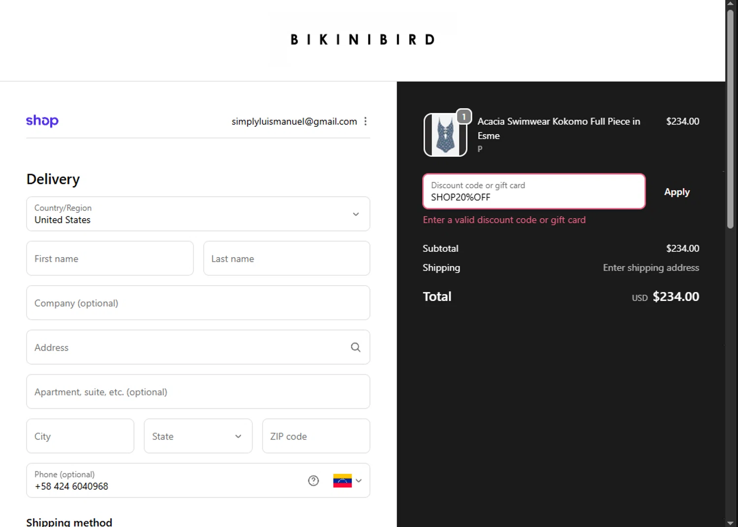 BikiniBird promo code screenshot showing code SHOP20%OFF applied at BikiniBird checkout page. Uploaded by SimplyCodes community member MoneyScout2554 on Dec 2, 2025