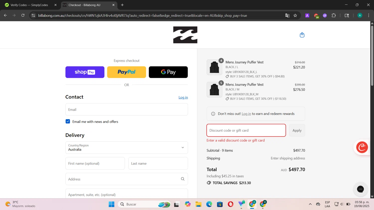 Billabong promo code screenshot showing code AFTERPAYDAY applied at Billabong checkout page. Uploaded by SimplyCodes community member CouponSentinel181 on Aug 19, 2025