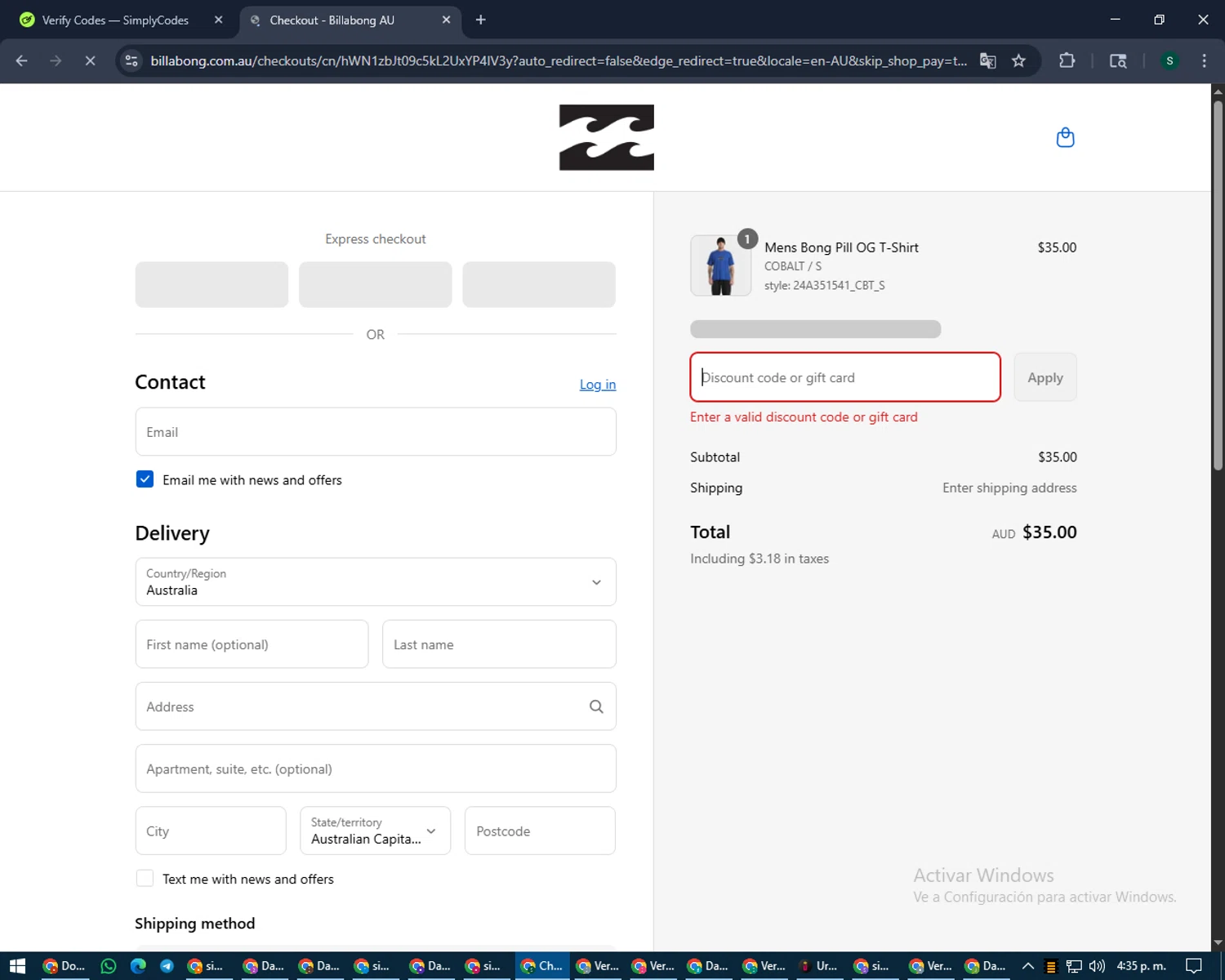 Billabong promo code screenshot showing code AFTERPAYDAY applied at Billabong checkout page. Uploaded by SimplyCodes community member lilMosey on Aug 19, 2025