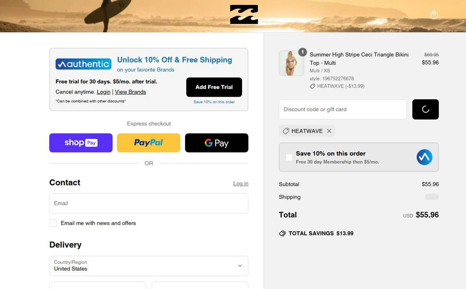 Billabong promo code screenshot showing code HEATWAVE applied at Billabong checkout page. Uploaded by SimplyCodes community member 6d796e616d656973 on Jul 1, 2025