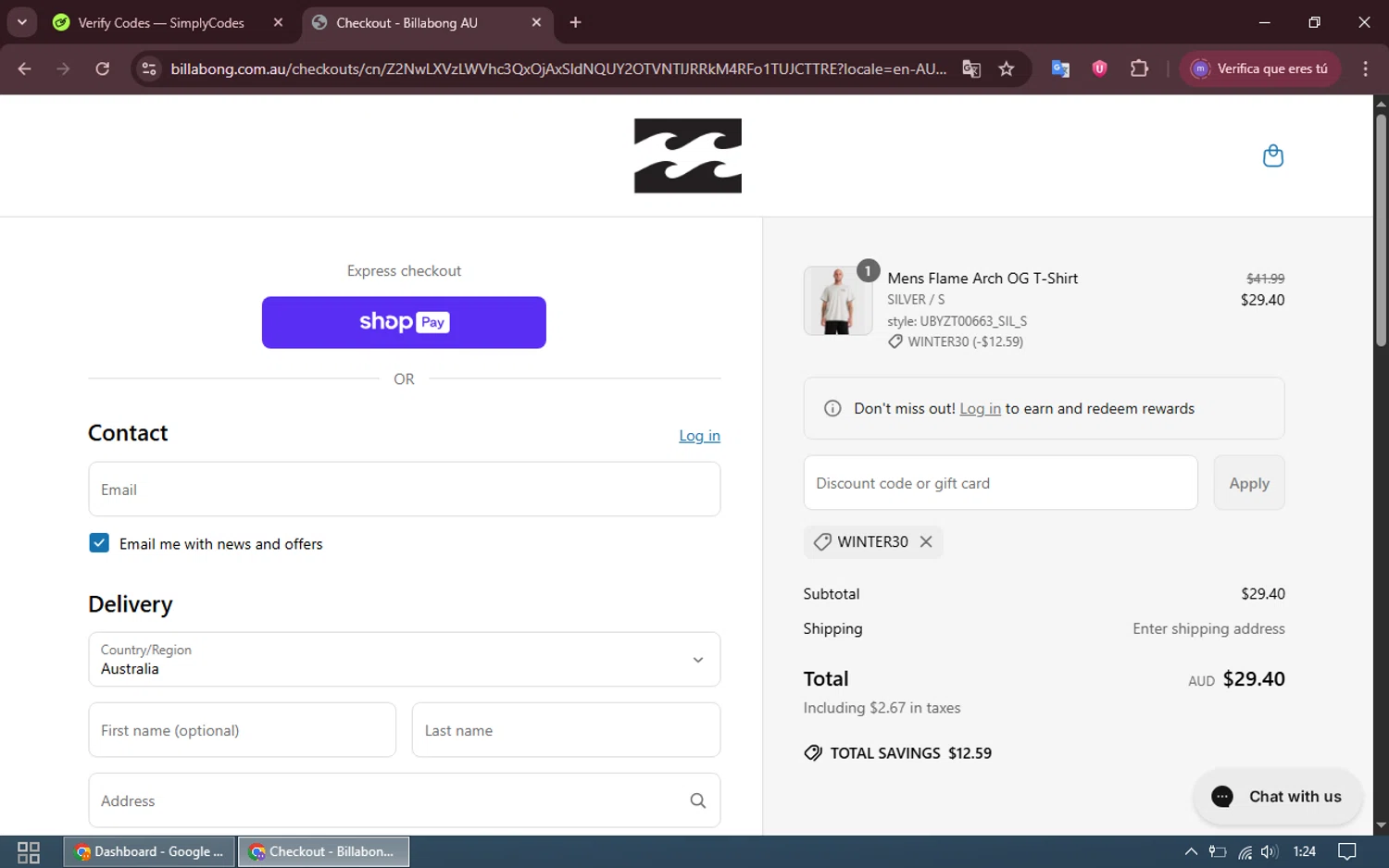 Billabong promo code screenshot showing code WINTER30 applied at Billabong checkout page. Uploaded by SimplyCodes community member WiseCurator3690 on May 31, 2025