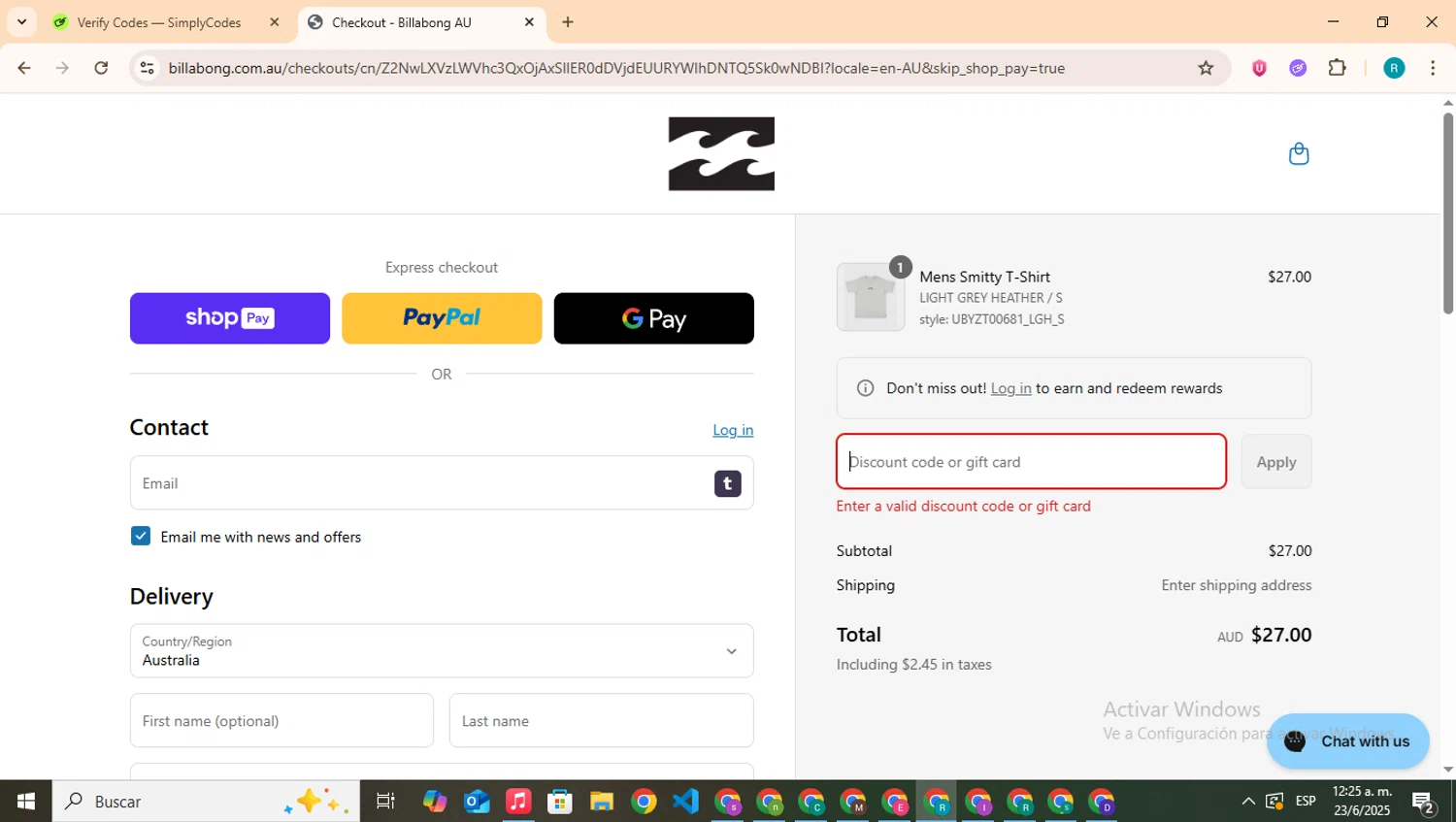 Billabong promo code screenshot showing code BBG30 applied at Billabong checkout page. Uploaded by SimplyCodes community member BudgetHero4407 on Jun 23, 2025