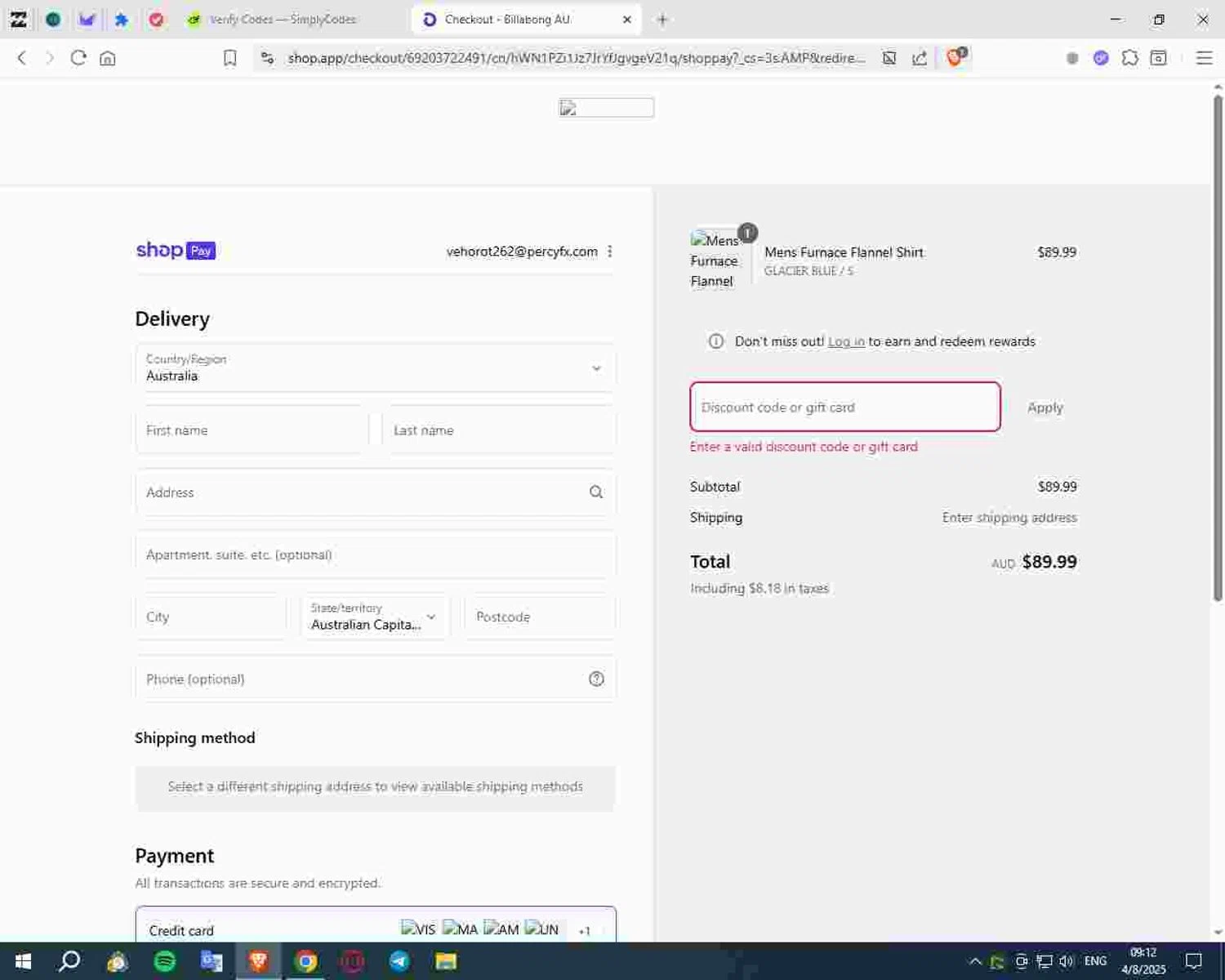 Billabong promo code screenshot showing code JULY20 applied at Billabong checkout page. Uploaded by SimplyCodes community member Deadpool on Aug 4, 2025