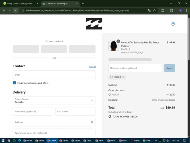 Billabong checkout page showing Billabong promo code box | Screenshot taken by SimplyCodes community member on Jul 22, 2025