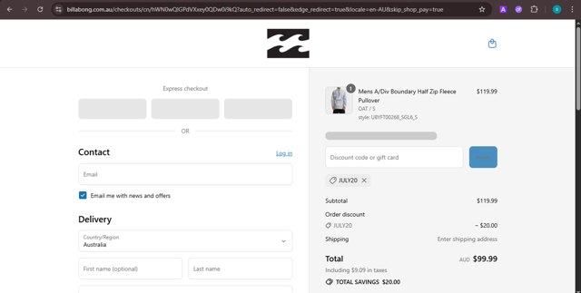 Billabong checkout page showing Billabong promo code box | Screenshot taken by SimplyCodes community member on Jul 23, 2025