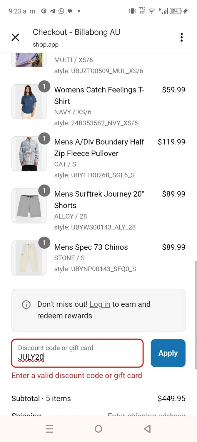 Billabong promo code screenshot showing code JULY20 applied at Billabong checkout page. Uploaded by SimplyCodes community member coromotopalmar on Aug 4, 2025