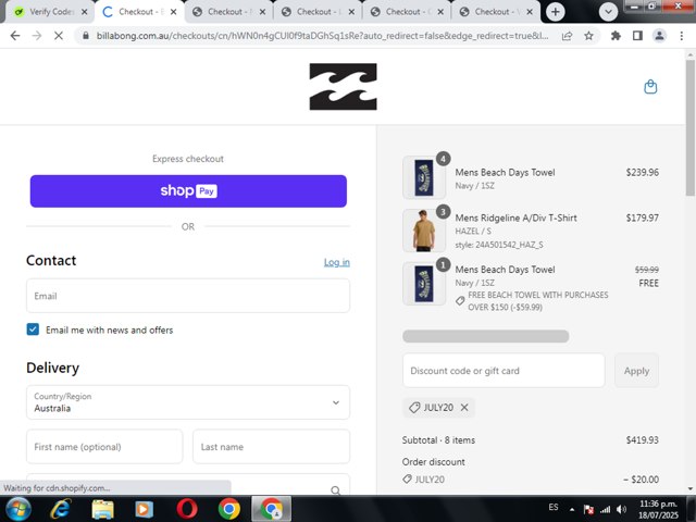 Billabong checkout page showing Billabong promo code box | Screenshot taken by SimplyCodes community member on Jul 19, 2025