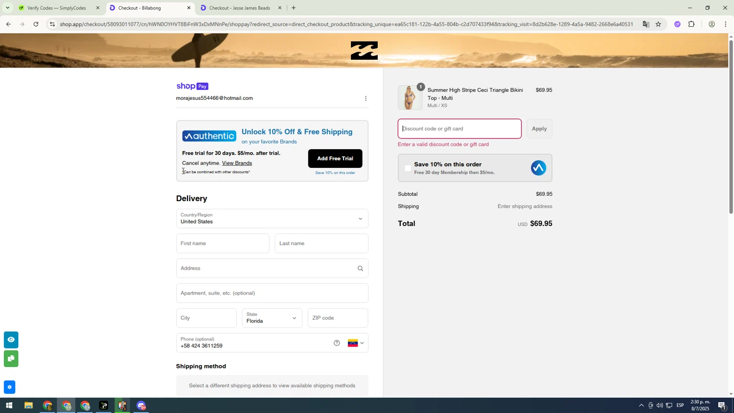 Billabong promo code screenshot showing code HEATWAVE applied at Billabong checkout page. Uploaded by SimplyCodes community member GloriousHufghnter5044sdgfg on Jul 8, 2025