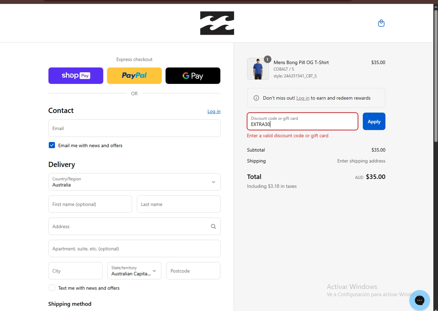 Billabong promo code screenshot showing code EXTRA30 applied at Billabong checkout page. Uploaded by SimplyCodes community member MagnificentTitan8616 on Aug 22, 2025