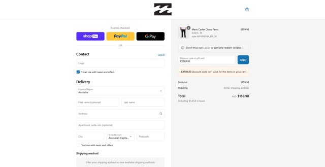 Billabong checkout page showing Billabong promo code box | Screenshot taken by SimplyCodes community member on Jul 19, 2025