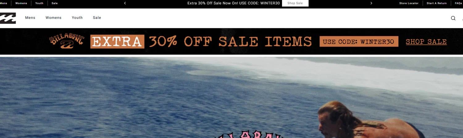 Billabong promo code screenshot showing code WINTER30 applied at Billabong checkout page. Uploaded by SimplyCodes community member ______ on Jun 1, 2025