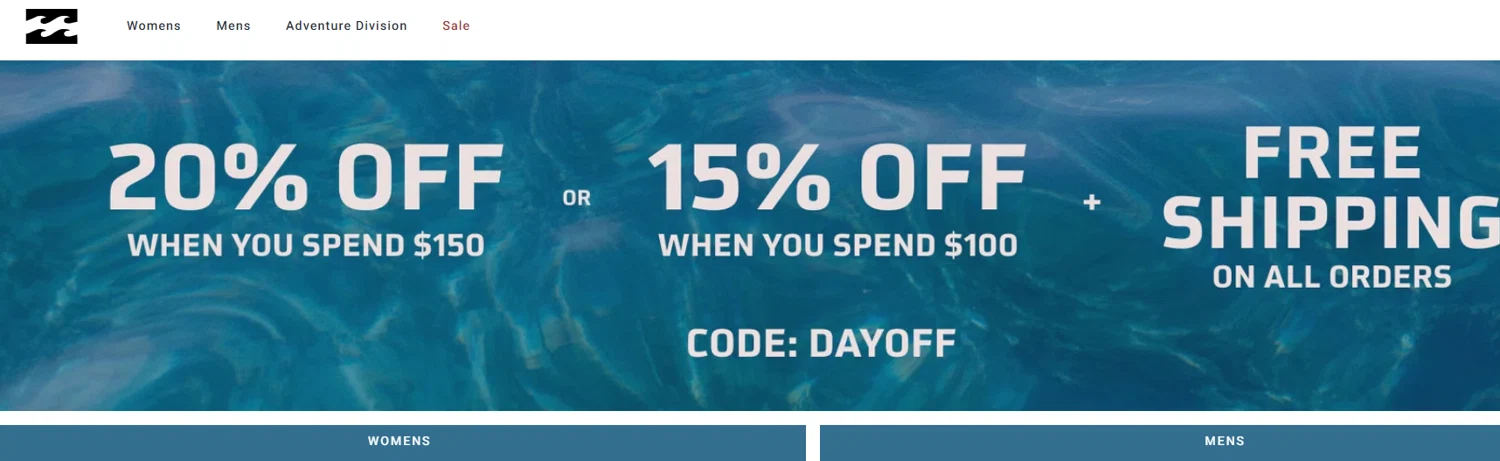 Billabong promo code screenshot showing code DAYOFF applied at Billabong checkout page. Uploaded by SimplyCodes community member valeriaantonieta on Aug 28, 2025