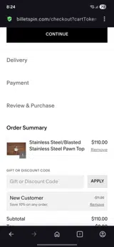 BILLETSPIN coupon verification screenshot