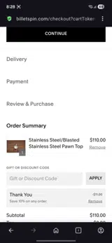 BILLETSPIN coupon verification screenshot