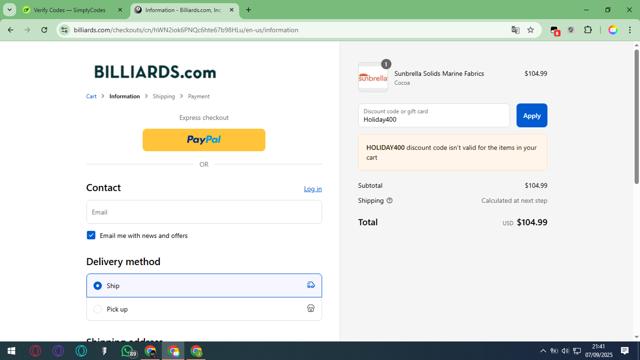 Billiards.com checkout page showing Billiards.com coupon code box | Screenshot taken by SimplyCodes community member on Sep 8, 2025
