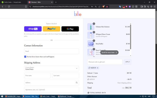 Billie checkout page showing Billie promo code box | Screenshot taken by SimplyCodes community member on Jun 29, 2025