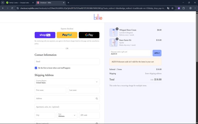 Billie checkout page showing Billie promo code box | Screenshot taken by SimplyCodes community member on Jun 29, 2025