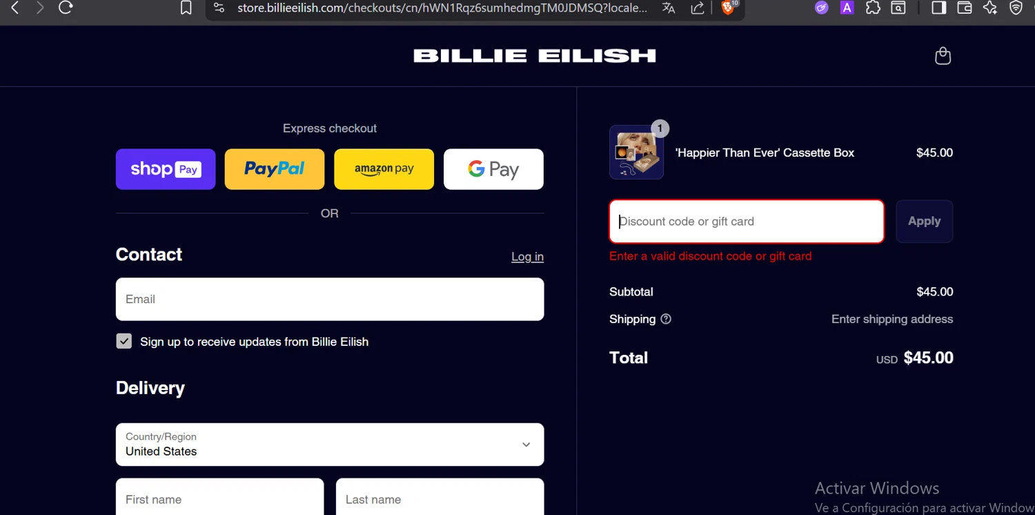 Billie Eilish discount code screenshot showing code gettingolder applied at Billie Eilish checkout page. Uploaded by SimplyCodes community member CashElite5536 on Aug 5, 2025
