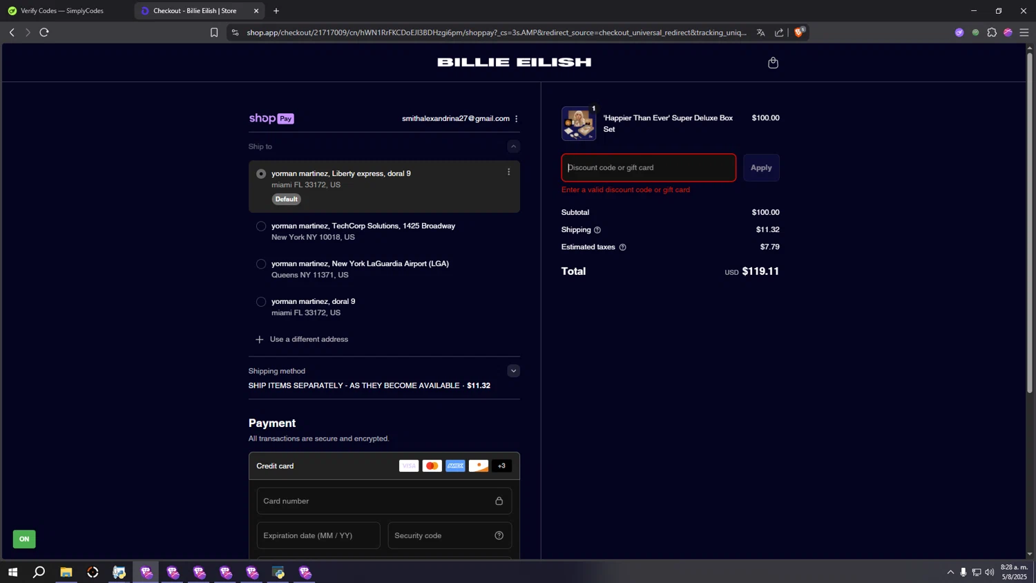 Billie Eilish discount code screenshot showing code gettingolder applied at Billie Eilish checkout page. Uploaded by SimplyCodes community member MRYORMAN on Aug 5, 2025