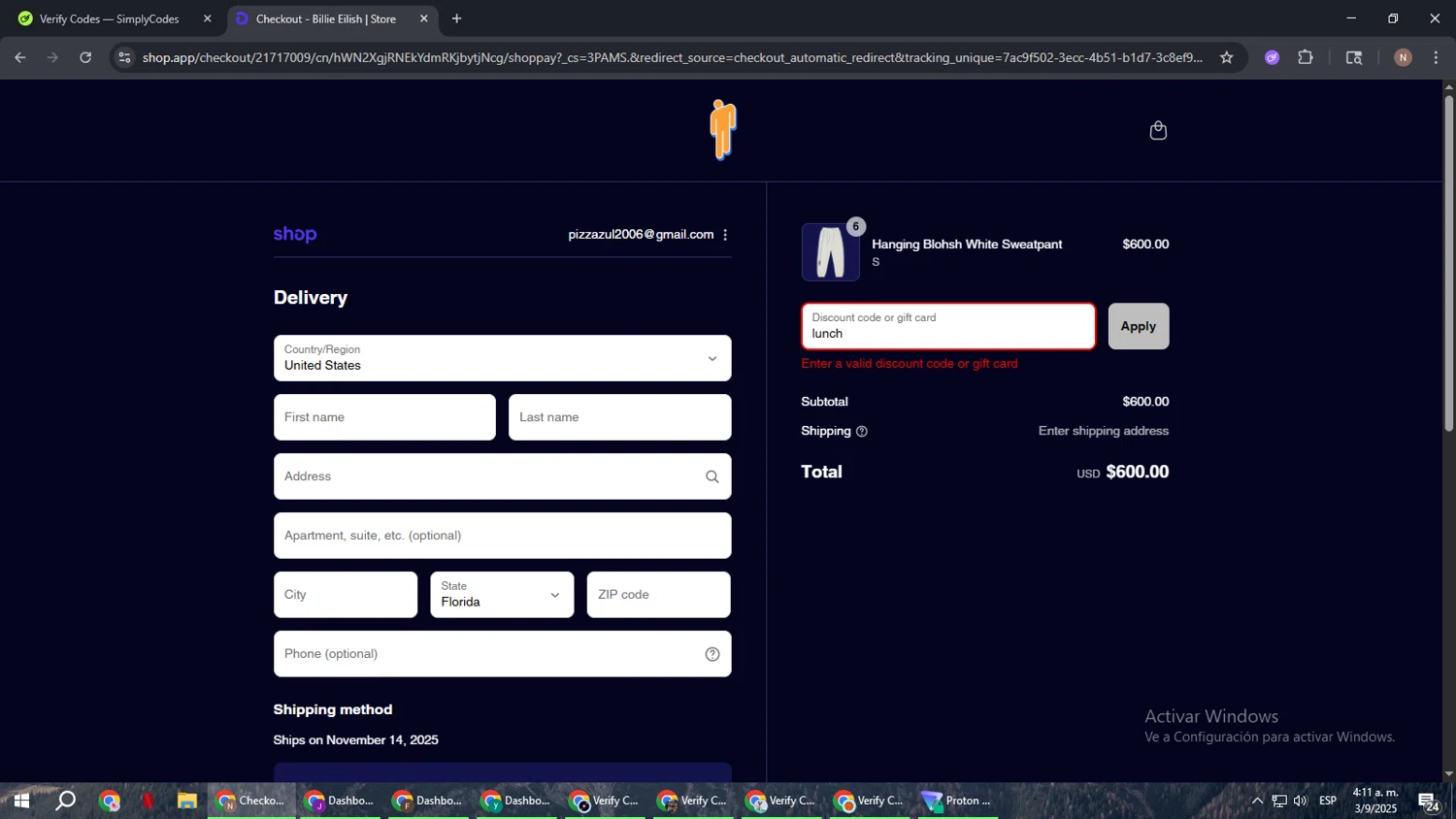 Billie Eilish discount code screenshot showing code lunch applied at Billie Eilish checkout page. Uploaded by SimplyCodes community member DiscountPioneer2554 on Sep 3, 2025