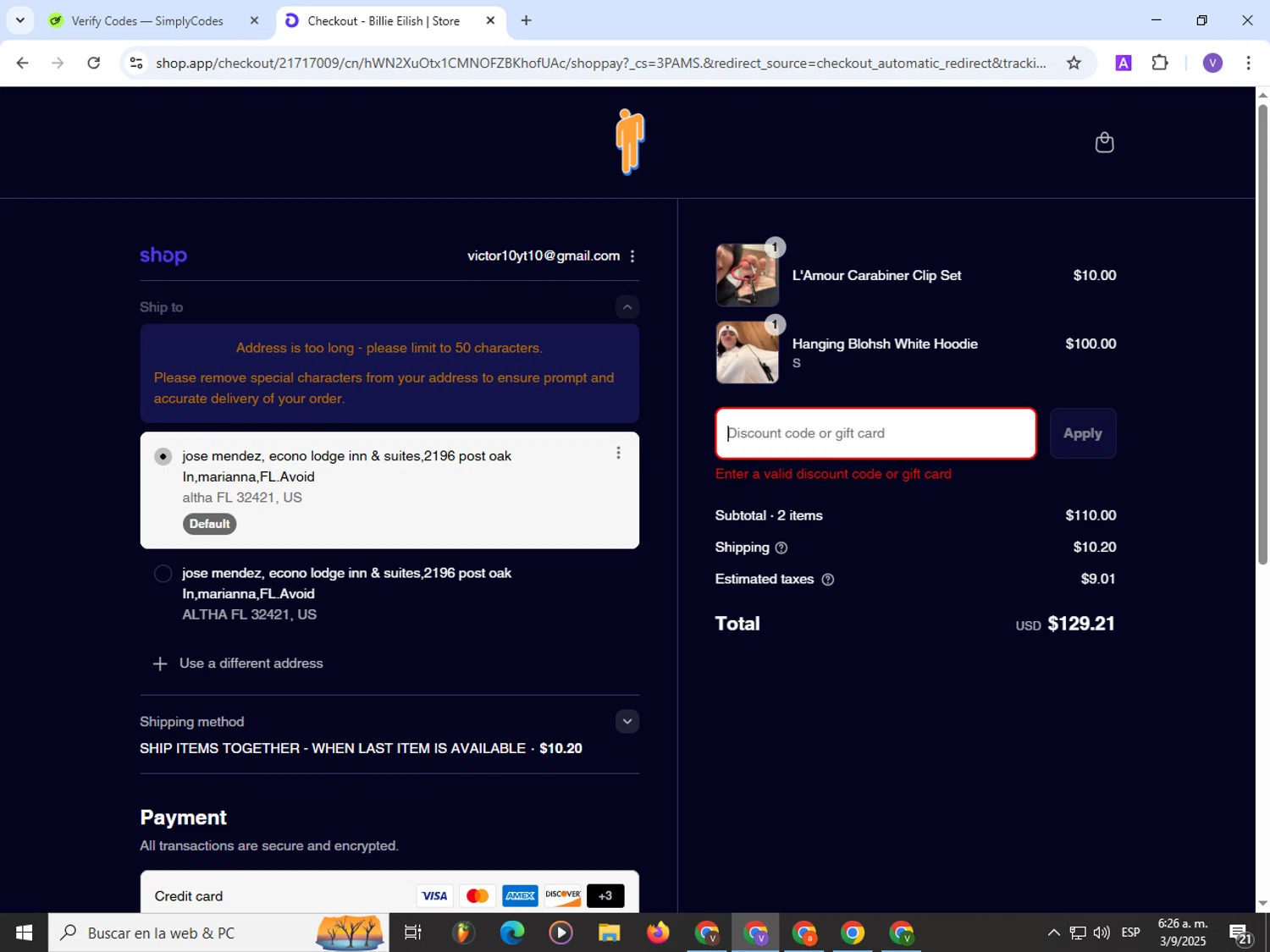 Billie Eilish discount code screenshot showing code lunch applied at Billie Eilish checkout page. Uploaded by SimplyCodes community member Satoru_gojo on Sep 3, 2025