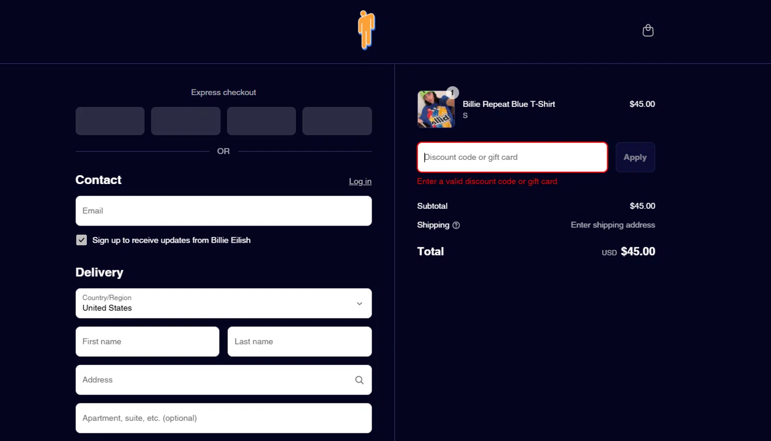 Billie Eilish discount code screenshot showing code lunch applied at Billie Eilish checkout page. Uploaded by SimplyCodes community member ShieldScout6572 on Sep 3, 2025