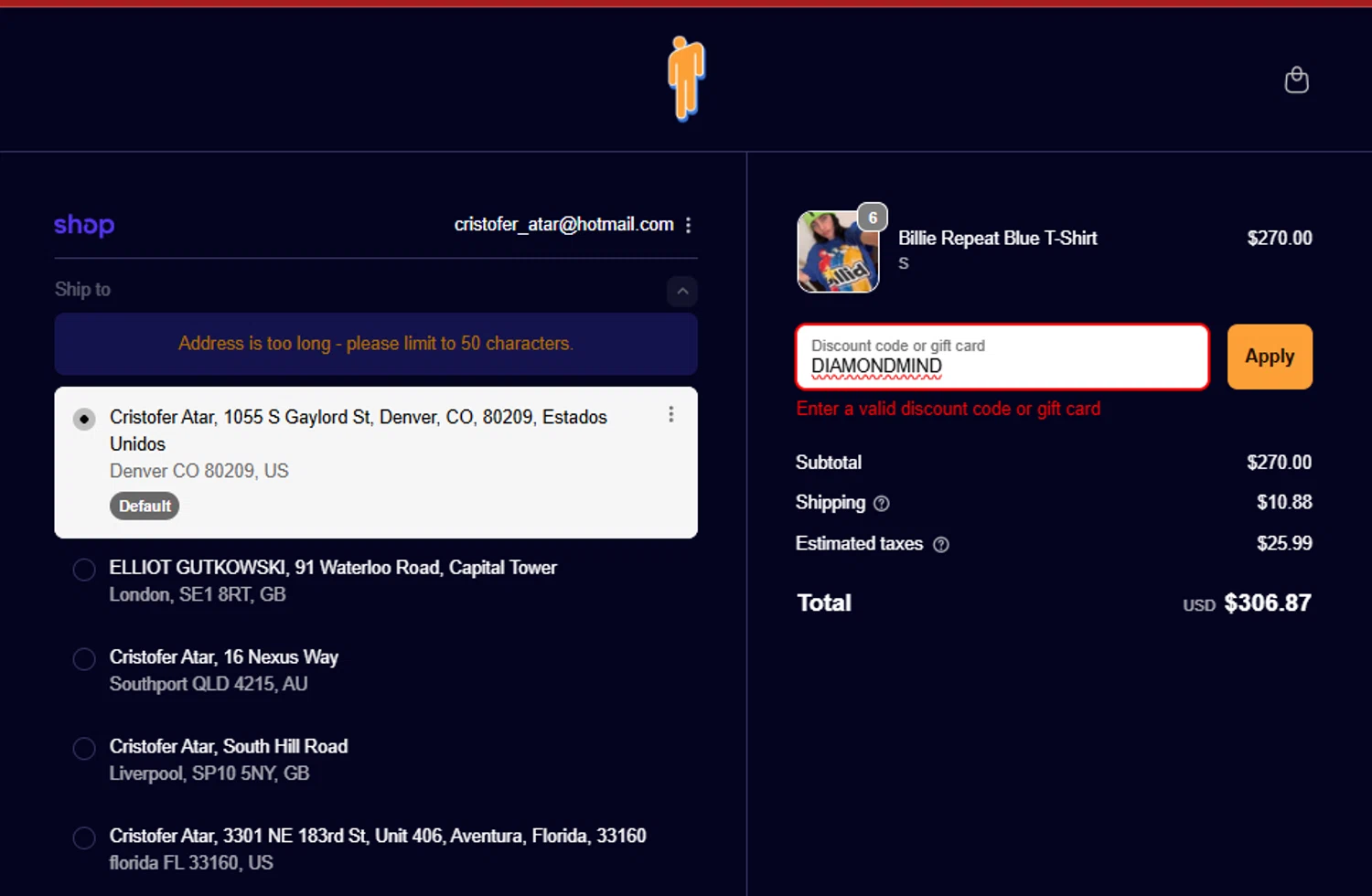 Billie Eilish discount code screenshot showing code DIAMONDMIND applied at Billie Eilish checkout page. Uploaded by SimplyCodes community member David_Gut_Sonic on Sep 27, 2025