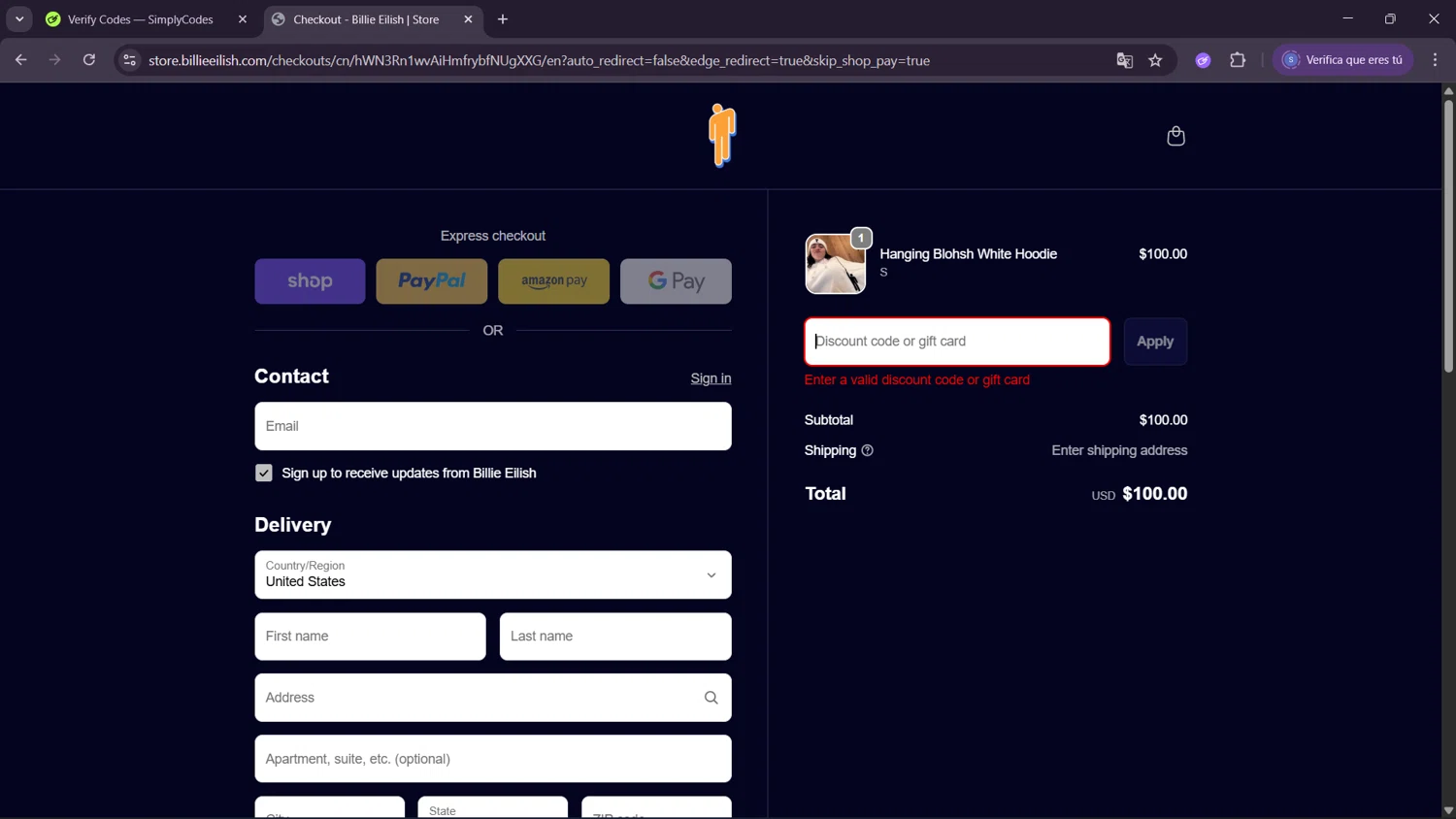 Billie Eilish discount code screenshot showing code DIAMONDMIND applied at Billie Eilish checkout page. Uploaded by SimplyCodes community member ExtraordinaryWhiz4519 on Sep 27, 2025